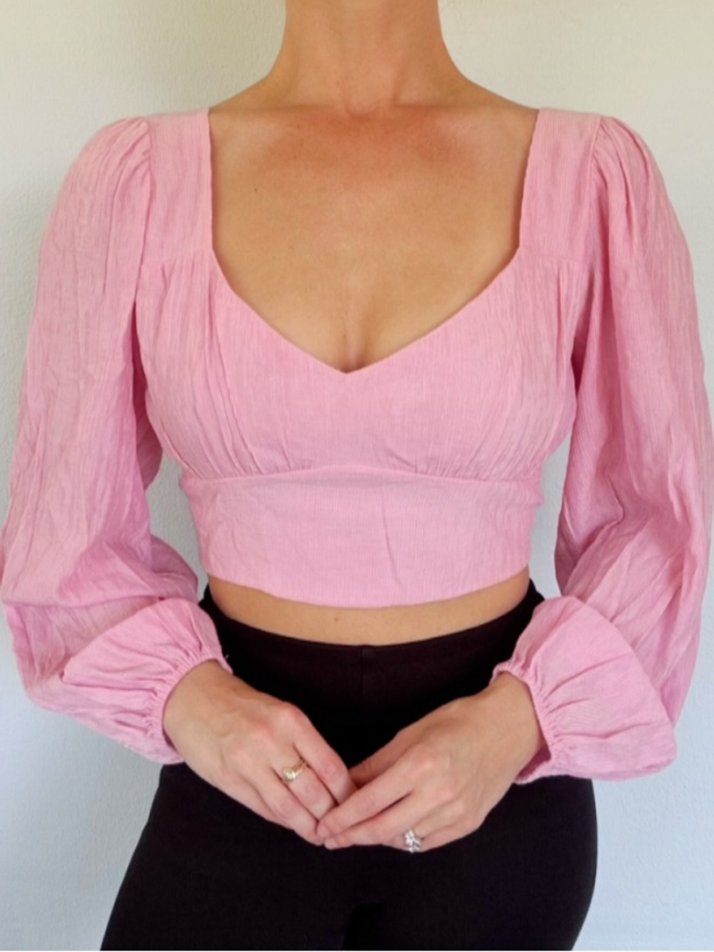 SEEK the Label pink corduroy balloon sleeve backless lace up crop top small
